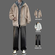 摘星少年男生三件套裝秋冬寬松毛呢連帽假兩件夾克高街外套搭配牛仔褲 H438杏+白長(cháng)袖+08牛仔褲黑 XL