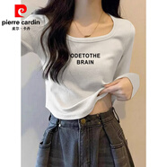 皮爾卡丹（pierre cardin）長(cháng)袖t恤女士正肩加絨打底衫不規則短款內搭上衣秋冬2026新款修身 黑TOT字-白色【春秋款】 2XL 120-140斤
