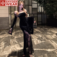 SNYDER WEAR赫本風一字肩性感絲絨開叉連衣裙2025夏季新款蕾絲拼接長裙子女 黑色 L 建議體重115-125斤