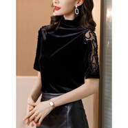 筑凡夏天穿的女士t恤蕾絲高領(lǐng)早秋半打底衫女短袖金絲絨上衣半袖T恤 黑色 M