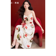 西遇法式浪漫復(fù)古玫瑰花絲絨吊帶裙女2025春季收腰氣質(zhì)長裙 杏色 L