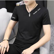 賢語(yǔ)短袖t恤男士修身V領(lǐng)黑色大碼上衣服潮牌潮流夏季休閑雞心領(lǐng)體恤 06短袖黑色 2XL 140-160斤