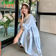 FSHE娃娃領連衣裙女2025夏季寬松復古燈籠泡泡袖小個子仙女裙子潮 淺藍色 2XL 建議（138-160斤）