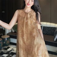 花影妖妖國風(fēng)草木染真絲歐根紗無(wú)袖連衣裙圓領(lǐng)斜襟新中式背心長(cháng)裙夏Y50057 褐色 XL