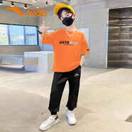 安踏兒童運(yùn)動(dòng)套裝秋季短袖長(zhǎng)褲兩件套T恤2025新款透氣6-16歲衣服 橘T黑褲8111H 160