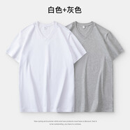 賓儲(chǔ)（BINCHU）純棉V領(lǐng)2025夏季新款純色短袖T恤簡(jiǎn)約雞心領(lǐng)上衣寬松顯瘦大碼體恤 V領(lǐng)短袖/白色+灰色 3XL