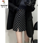 啄木鳥(niǎo)棋盤(pán)格子半身裙女秋季大尺碼高腰開(kāi)叉包臀一步裙胖M妹顯瘦a字短裙 黑灰色 【有內襯】 S