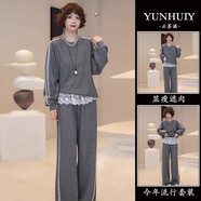 歐迪惠（Oudihui）2025年新款衛衣女春季時(shí)尚套裝蕾絲下擺拼接衣服女裝寬松休閑褲子 灰色套裝 2XL