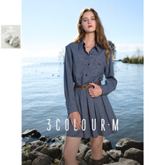 三彩2025秋款格紋襯衫式連衣裙長(cháng)袖收腰百褶短裙復古Miu系M 藏青色格紋 M 160/84A