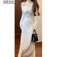 蝶嬌諾（DIEJIAONUO）新年戰袍白玉牡丹新中式國風(fēng)露肩改良旗袍針織連衣裙氣質(zhì)禮服長(cháng)裙 白色連衣裙 S