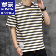 羅蒙（ROMON）圓領(lǐng)短袖t恤男士夏季短袖男打底衫條紋半袖寬袖休閑上衣服男裝 1802咖色 2XL (約150-165斤可穿)