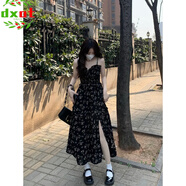 DXOT大碼胖mm2025春季新款黑色碎花吊帶連衣裙女裝小眾設(shè)計(jì)a字長(zhǎng)裙子 黑色 M 【建議190-105斤】