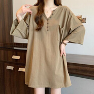 憶思減300斤特大碼寬松遮肉洋氣中長(cháng)款顯瘦胖妹妹V領(lǐng)休閑百搭半袖上衣女 駝色 M 建議120斤內