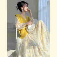 納琳雅Nalinya連衣裙2025小香風(fēng)套裝甜美顯瘦減齡針織馬甲搭碎花半身裙 黃色馬甲+碎花連衣裙 時(shí)尚套裝 2XL 建議140-160斤