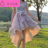 NJTD生日穿在逃公主法式連衣裙公主風(fēng)燕尾方領(lǐng)蓬蓬裙前短后長(cháng)拖尾可愛(ài) 圖片色4 粉色燕尾版 S