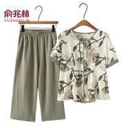 俞兆林（YUZHAOLIN）母親節媽媽夏裝2025套裝中年女裝中老年女裝春夏尚大碼女裝休閑短 綠色【上衣+褲子】 XL 建議100斤以下