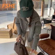 FSHE2025初冬新品時(shí)尚高領(lǐng)坑條軟糯風(fēng)長(zhǎng)袖粗線針織開衫毛衣女 灰色 M 95-110