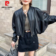 皮爾卡丹（pierre cardin）2025春秋新款酷潮蝙蝠袖黑色顯瘦休閑PU皮衣女短款機車(chē)夾克棒球服 黑色(圓領(lǐng)) M 100-110斤
