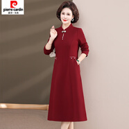 皮爾卡丹（pierre cardin）結婚禮服媽媽喜服冬季旗袍紅連衣裙加絨加厚母親喜婆婆婚宴秋冬款 2389酒紅色【不加絨】 3XL 建議121-135斤 送手提袋