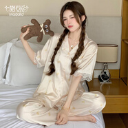 莫代爾睡衣女春夏冰絲綢杏色甜美小熊蕾絲短袖長(zhǎng)褲寬松25新品家居服套裝
