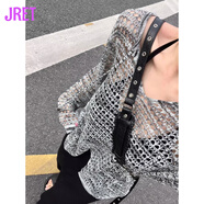 Jret慵懶風(fēng)長(zhǎng)袖鏤空針織衫女夏季新款休閑寬松百搭開叉防曬衣女罩衫潮 灰色 L