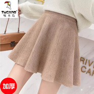 啄木鳥(niǎo)a字半身裙女2024新款秋冬韓版百褶傘裙松緊高腰針織毛線(xiàn)蓬蓬短裙 加厚卡其色 均碼 建議80-145