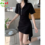DXOT2025夏季女短款韓版休閑T恤裙polo領(lǐng)連衣裙顯瘦高腰辣妹包臀裙子 黑色 L 建議105-115斤