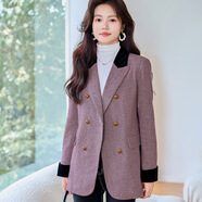 紫魅俏人字紋小西裝外套女秋冬新款毛呢西服韓版寬松港味復(fù)古chic高級感 粉色西裝 S