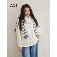 A21女裝字母繡花連帽加絨衛(wèi)衣冬季新款簡(jiǎn)約寬松落肩長(zhǎng)袖上衣 米杏 S