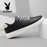 花花公子（PLAYBOY）真皮休閑皮鞋男2025夏季新款男鞋子男輕便透氣板鞋男款厚底跑步鞋 黑色 41