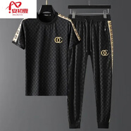 安初夏短袖t恤男套裝歐洲站刺繡夏季新款一套潮休閑運動(dòng)衣服男裝兩件套 黑色長(cháng)款套裝 XL