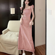葉余復古氣質(zhì)吊帶飛袖牛仔連衣裙女2025新款修身收腰顯 粉色(4896) S