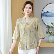 皮爾卡丹（pierre cardin）新中式媽媽裝雪紡衫七分袖盤扣復(fù)古中老年女裝夏裝上衣中國風(fēng)小衫 秋香綠【一件上衣】 XL 【建議80-105斤】