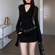 皓娥 黑色長袖連衣裙女春秋蕩領(lǐng)赫本風(fēng)辣妹高級感御姐風(fēng)包臀短裙子 長袖連衣裙黑色配腰帶 L 建議:105-115斤