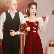 VZVY敬酒服2025新款新娘小個(gè)子平時(shí)可穿新中式訂婚連衣裙夏回門禮服女 酒紅色 短袖中長款 XS