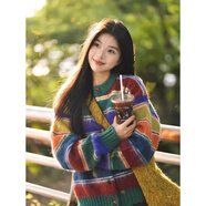 現(xiàn)寶蓮復(fù)古彩色條紋毛衣外套女秋冬韓系寬松慵懶風(fēng)針織衫開(kāi)衫上衣 彩色條紋 S 建議70-95斤