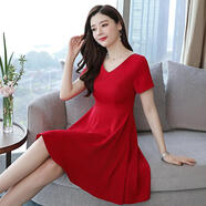 月袖（YUEXIU）赫本風(fēng)小紅裙2025夏秋季新款韓版顯瘦V領(lǐng)名緩氣質(zhì)短袖大碼連衣裙 紅色8009 2XL 【建議125-135斤穿】