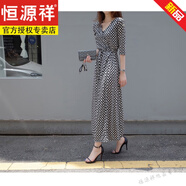 恒源祥2025法式仿真絲裹身裙氣質(zhì)收腰顯瘦七分袖V領(lǐng)系帶長(cháng)裙連衣裙 黑白格 8022 2XL