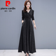 皮爾卡丹（pierre cardin）2025秋冬新款氣質(zhì)修身顯瘦長(cháng)袖貴夫人闊太太亮絲連衣裙長(cháng)款裙針織 9601黑色 XL 建議125-135斤
