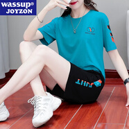 WASSUP JOYZON品牌夏季新款運動(dòng)套裝女大碼學(xué)生休閑寬松短袖短褲跑步服兩件套棉 藍色（休閑兩件套） M  建議80-95斤