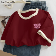 La Chapelle Sport拉夏貝爾短袖t恤女夏季休閑簡(jiǎn)約風(fēng)撞色寬松純棉舒適時(shí)尚打底衫女 酒紅色(粉墨胸標(biāo)) XL (推薦130-150斤)