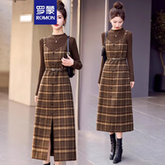 羅蒙小香風(fēng)格子吊帶連衣裙女2024春秋復(fù)古毛呢背帶裙兩件套裝長(zhǎng)裙子潮 格子裙（配咖毛衣） M 【90-105斤】
