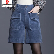 皮爾卡丹（pierre cardin）新款條絨闊腿直筒短褲子女秋冬季寬松高腰燈芯絨五分褲女外穿 藍色 M 90-105斤