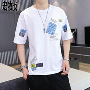 尹振天夏季棉短袖t恤男潮流韓版寬松五分袖青少年學(xué)生百搭圓領(lǐng)上衣男 /白色HM39#* M 以內(nèi)