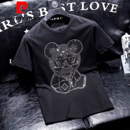 皮爾卡丹（pierre cardin）2025新款歐洲站男士短袖T恤年夏季新款小熊燙鉆修身純棉白色半袖 黑色(純棉高質(zhì)量) L 建議115-130斤