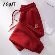ZGWT輕奢高端品牌束腳休閑運(yùn)動(dòng)褲女寬松春秋冬加絨小熊哈倫褲衛(wèi)褲褲子 酒紅色-線條熊 XL 【春秋款】120-135斤