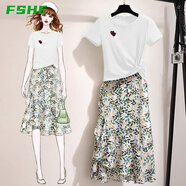 FSHE小個(gè)子時(shí)尚套裝2025年夏季新款洋氣t恤雪紡碎花連衣裙子兩件套 2040#白色上衣+裙子 XL 【建議120-130斤】