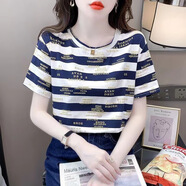 曼篤2025年韓版短袖t恤衫新款條紋夏季半袖體恤女士裝洋氣寬松上衣服 藍色8905-3款【面料】 M 建議80-100斤