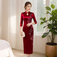 鴻韻繡旗袍中國風(fēng)春夏新款優(yōu)雅復(fù)古改良時(shí)尚醋酸旗袍喜婆婆婚宴時(shí)尚禮服 酒紅色長款（七-分袖）手繪 M