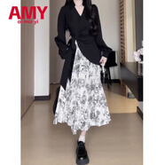 愛(ài)麥依大碼女裝不規(guī)則長(zhǎng)袖連衣裙春季梨形身材碎花裙胖MM遮肚顯瘦長(zhǎng)裙子 黑色長(zhǎng)款 L 115-125斤
